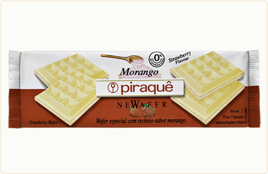 newafer morango.jpg - Açúcar, farinha de trigo rica com ferro e ácido fólico, gordura vegetal interesterificada, maltodextrina, amido de milho, leite em pó e sal. Estabilizante: lecitina de soja, fermento químico: bicarbonato de sódio, corante natural carmin de cochonilla, acidulante: ácido cítrico e aroma natural de morango. CONTÉM GLÚTEN.Porção por 100 g (10 unidades).